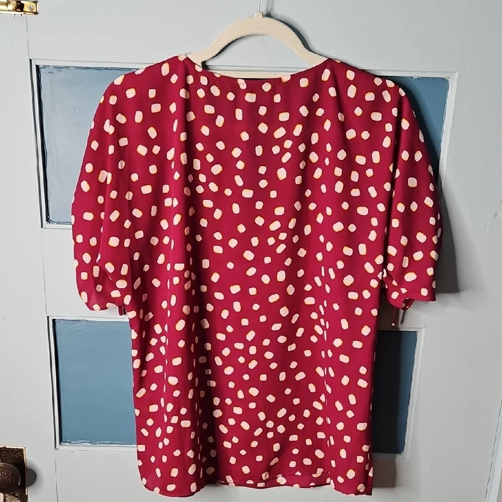 Kate Spade Women's Mallow Dot Ruched Sleeve In Beet Juice Color Blouse XS